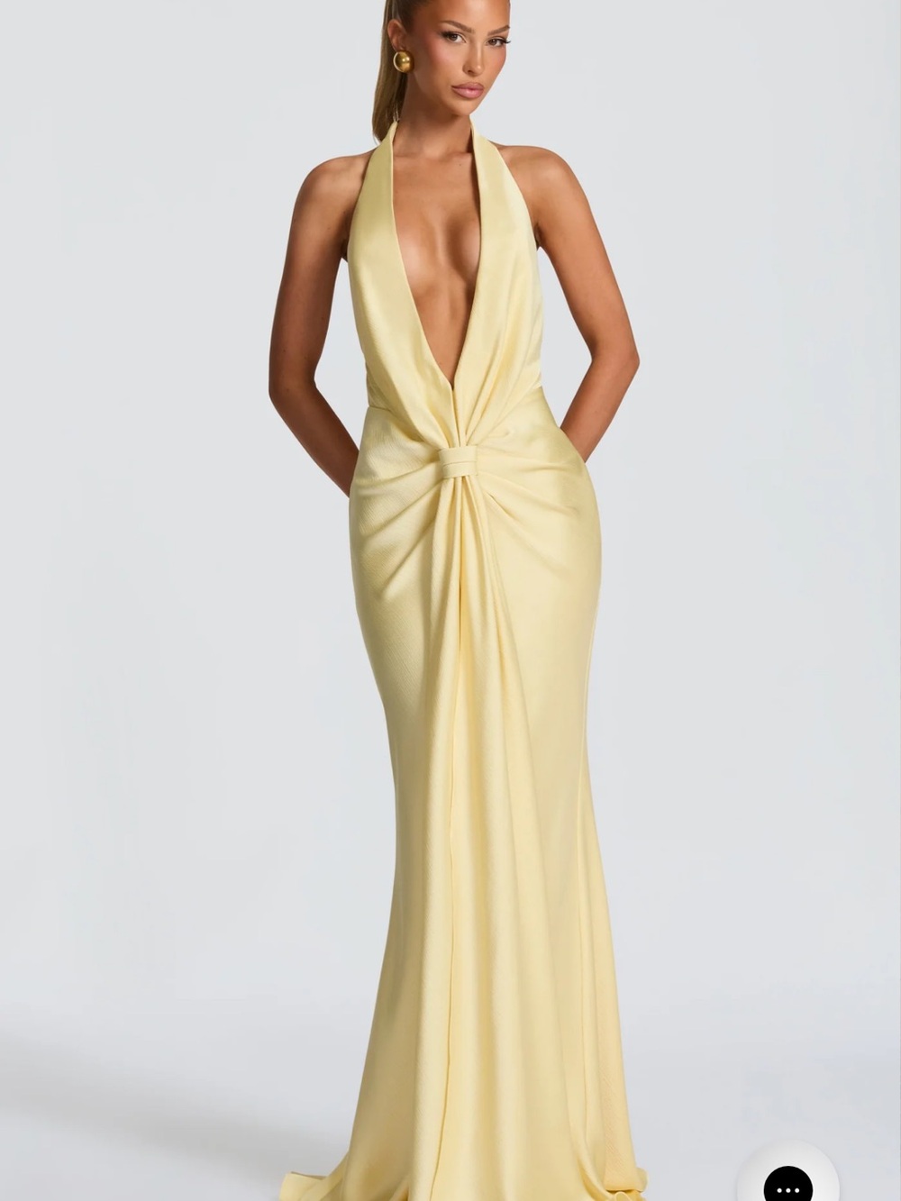Plunging Halter Knot-Front Prom Dress in Pale Yellow